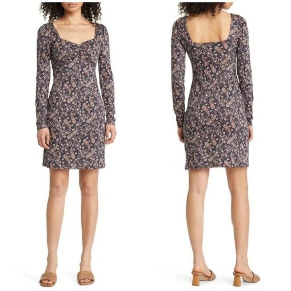 New BODEN Paisley Sweetheart Neck Long Sleeve Cotton Blend Dress Size 8
